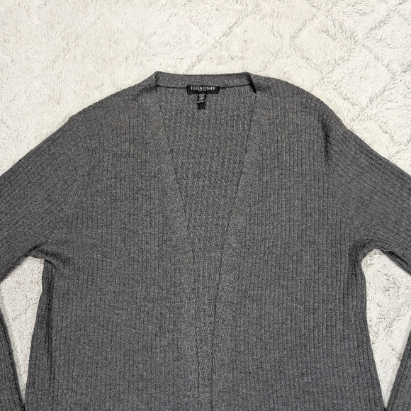 Eileen Fisher Sweater Womens M Petite Gray Cardigan Open Rib Knit Wool Light - Picture 2 of 7